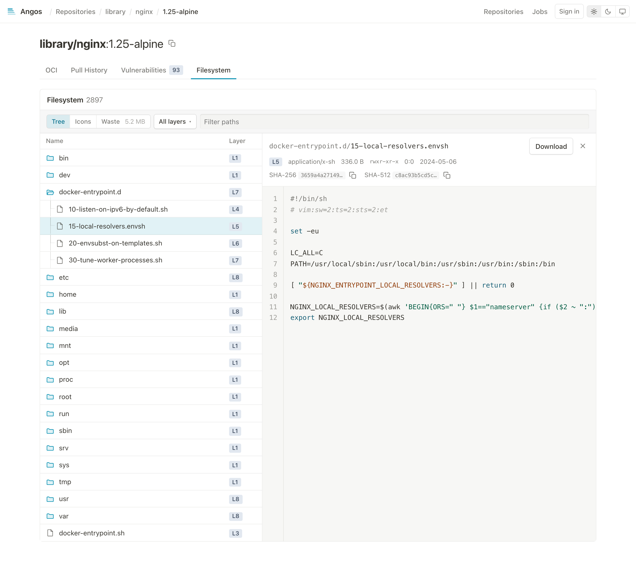An image's merged filesystem, layer by layer, with any file open beside it.