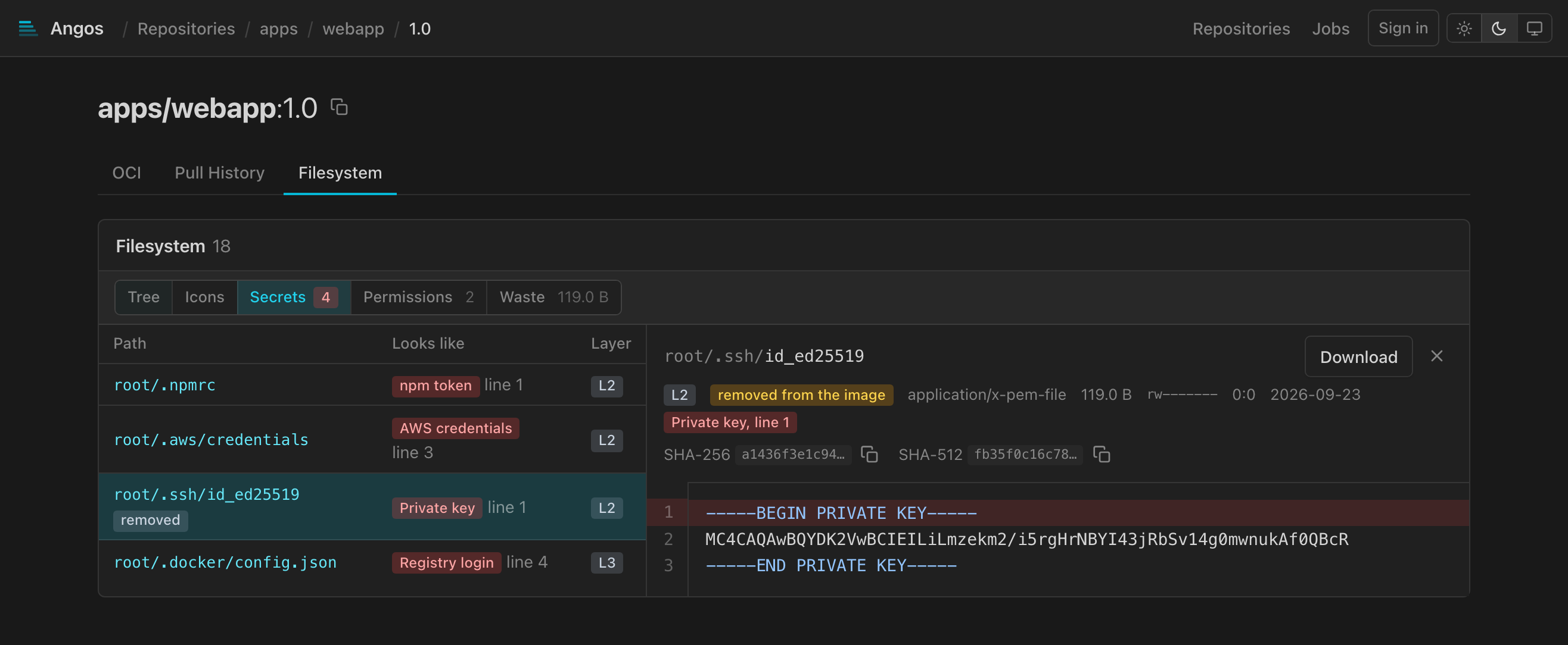 Keys and tokens found in any layer, including one a later layer deleted.