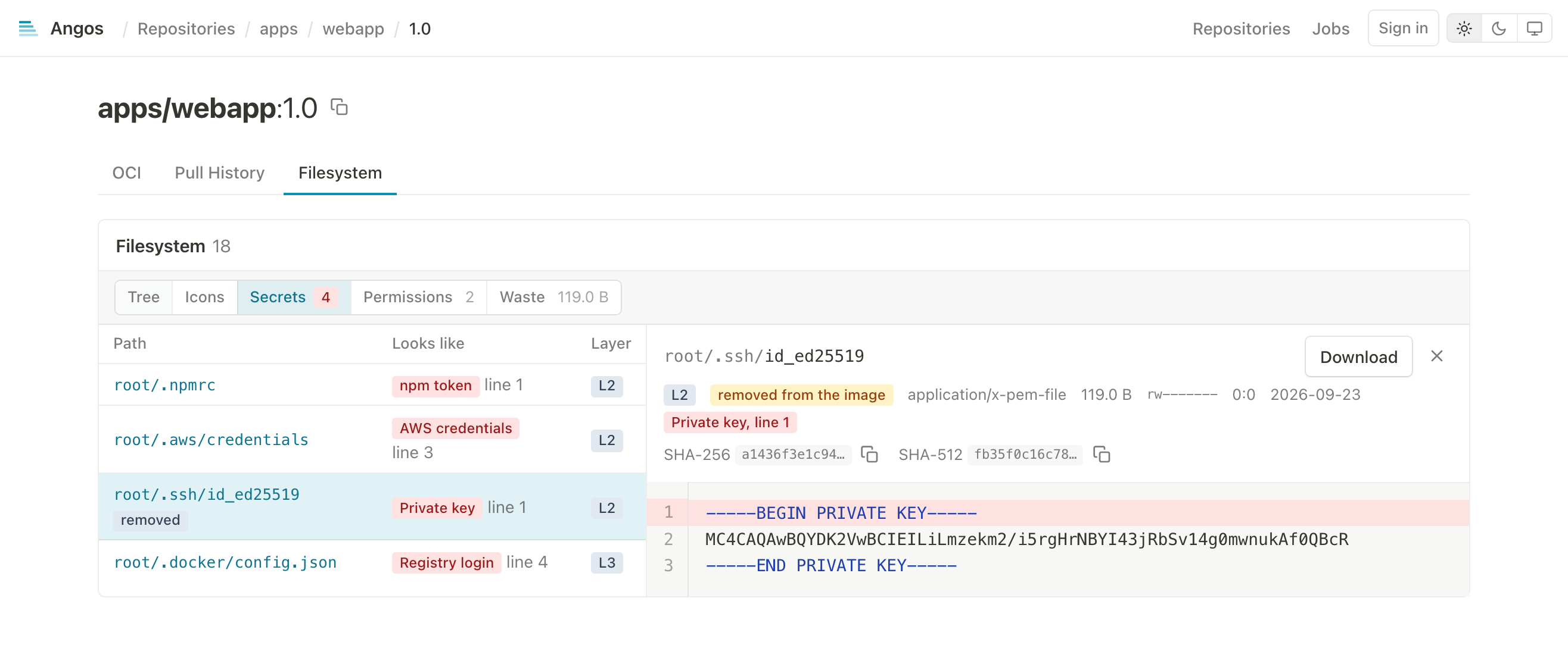 Keys and tokens found in any layer, including one a later layer deleted.