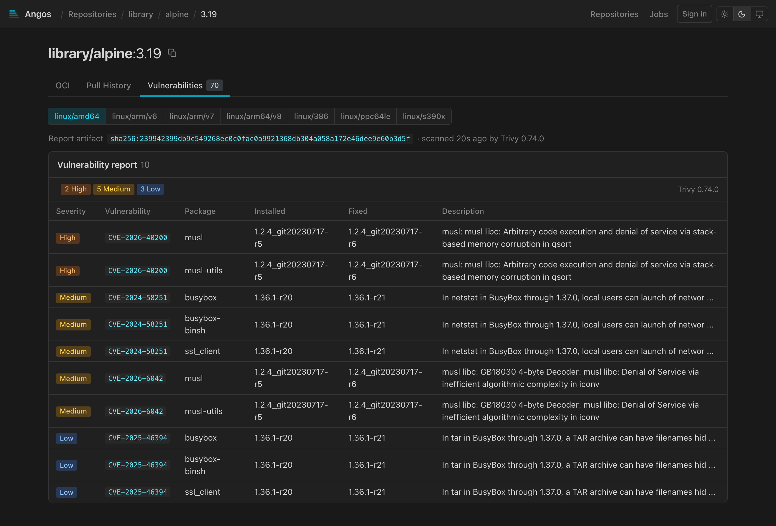 A Trivy or Grype report, stored next to the image as an OCI referrer.