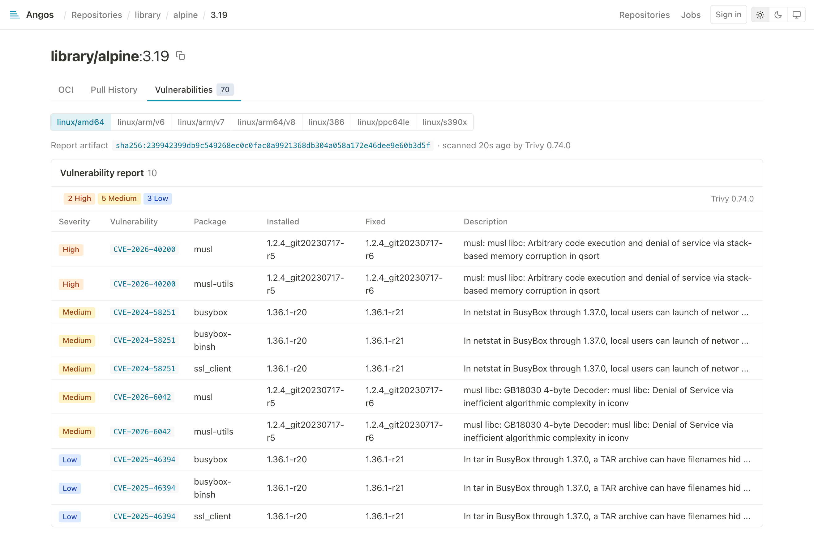 A Trivy or Grype report, stored next to the image as an OCI referrer.